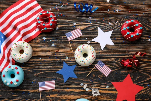 Composition Donuts Usa Flags Confetti Wooden Table Independence Day Celebration — Stock Photo, Image