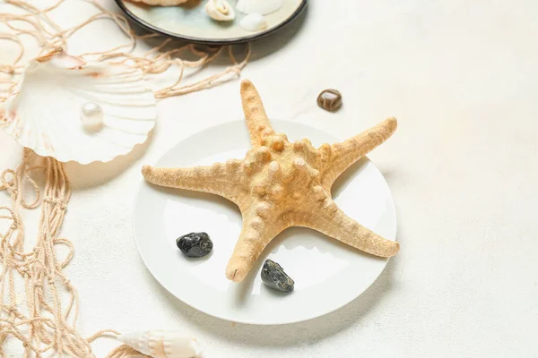 带海贝 海星和浅色背景网的盘子 — 图库照片