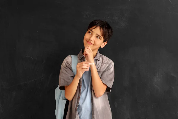 Thoughtful Little Schoolboy Blackboard Children Day Celebration — Stock Photo, Image