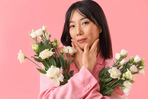 Gyönyörű Ázsiai Gazdaság Csokor Eustoma Virágok Rózsaszín Háttér — Stock Fotó