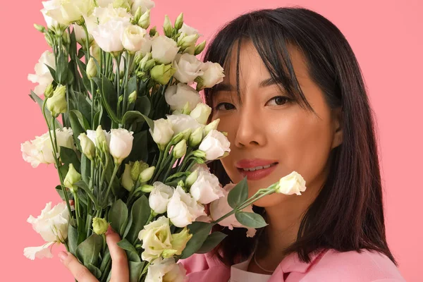 Beautiful Asian Woman Holding Bouquet Eustoma Flowers Pink Background — Stock Photo, Image