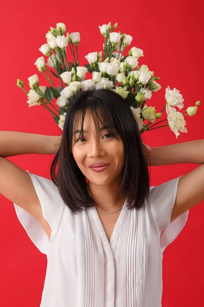 Beautiful Asian Woman Holding Bouquet Eustoma Flowers Red Background — Stock Photo, Image