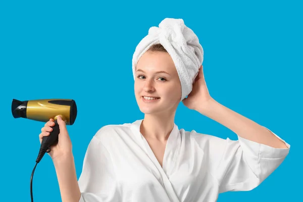 Beautiful Young Woman Hair Dryer Blue Background — Stock Photo, Image