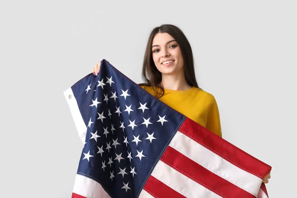Young Woman Usa Flag Light Background — Stock Photo, Image