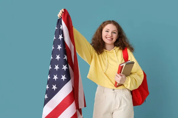 Estudiante Femenina Con Bandera Libros Sobre Fondo Azul —  Fotos de Stock