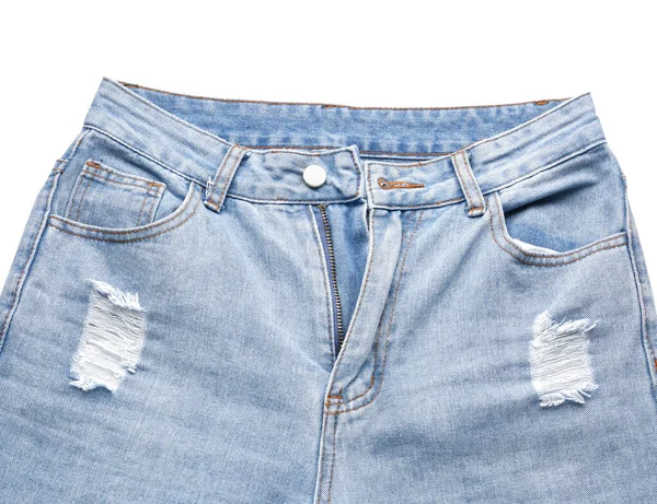 Stijlvolle Blauwe Denim Jeans Witte Achtergrond — Stockfoto