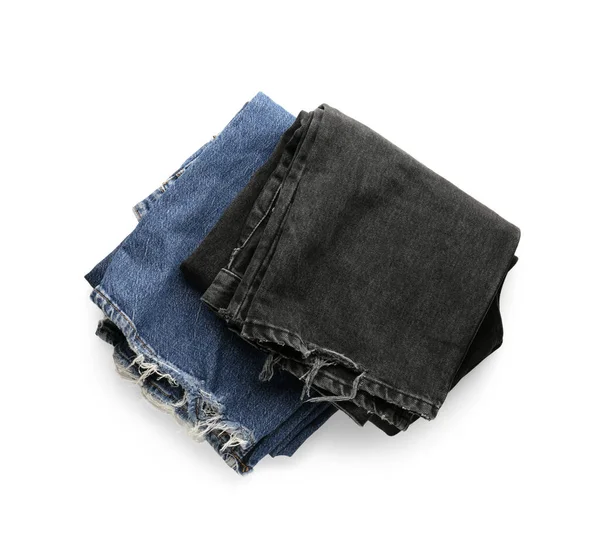 Different Stylish Denim Jeans White Background — Stock Photo, Image