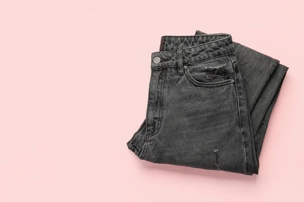 Stylish Black Denim Jeans Pink Background — Stock Photo, Image