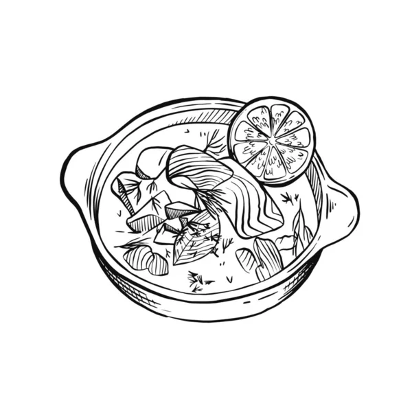 Sup Ikan Lezat Dalam Pot Pada Latar Belakang Putih - Stok Vektor