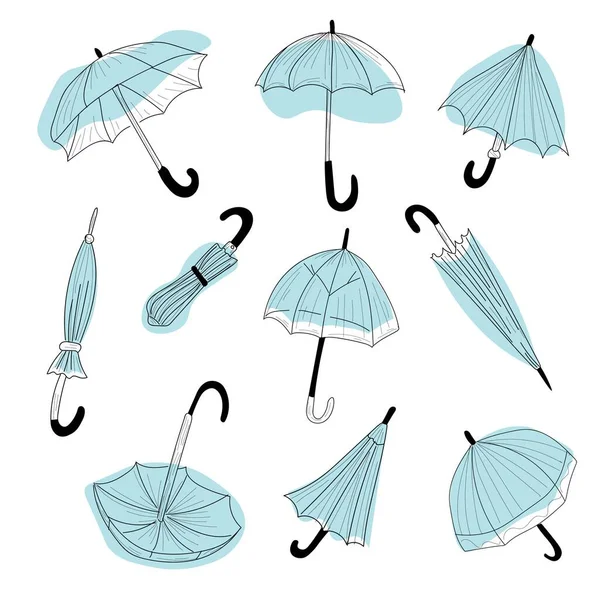 Set Hellblauer Regenschirme Auf Weißem Hintergrund — Stockvektor
