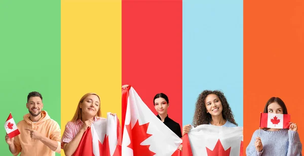 Sada Lidí Kanadskými Vlajkami Barevném Pozadí — Stock fotografie