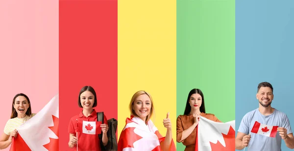 Uppsättning Människor Med Kanadensiska Flaggor Färg Bakgrund — Stockfoto