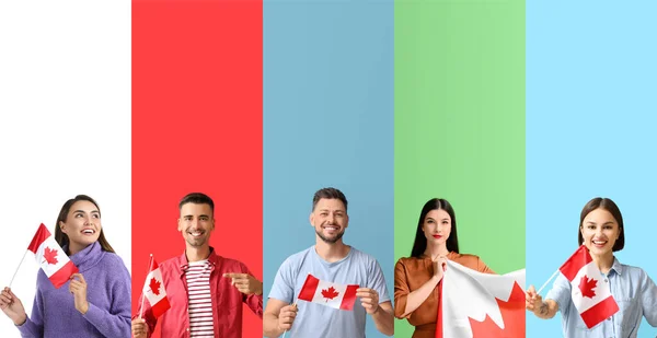 Ряд Різних Людей Канадськими Прапорами Кольоровому Тлі — стокове фото