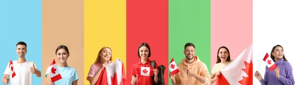 Renkli Arka Planda Kanada Bayrakları Olan Bir Grup Insan — Stok fotoğraf