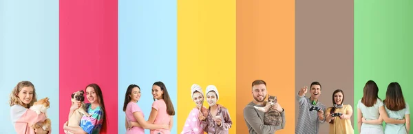 Set Von Verschiedenen Personen Mit Ihren Freunden Auf Farbigem Hintergrund — Stockfoto