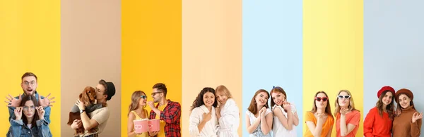 Gruppo Persone Diverse Con Loro Amici Sullo Sfondo Colori — Foto Stock