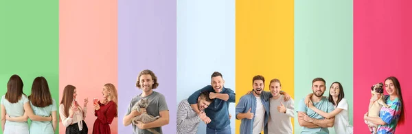 Renkli Arka Planda Arkadaşları Olan Farklı Insanların Kolajı — Stok fotoğraf