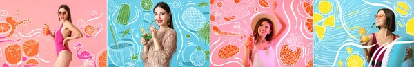 Collage Vackra Kvinnor Med Kalla Sommar Cocktails Färg Bakgrund — Stockfoto