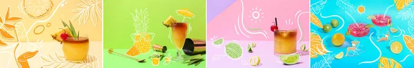 Collage Cold Summer Cocktails Color Background — Stock Photo, Image