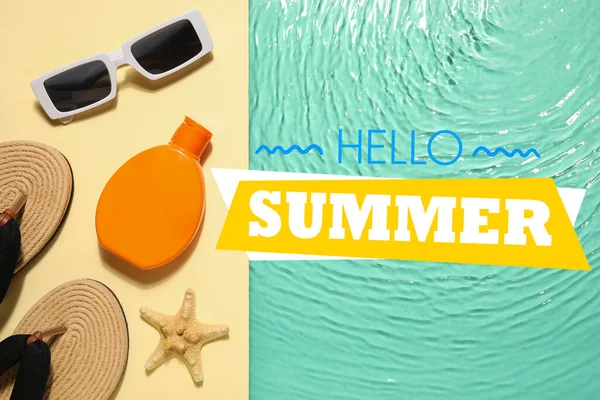 Banner with sunscreen, accessories and text HELLO SUMMER