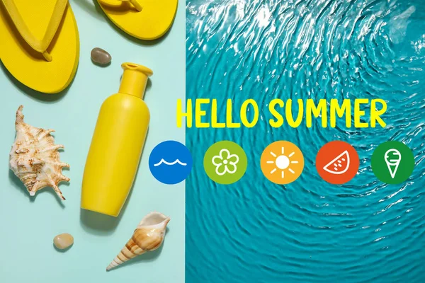 Banner Med Solskyddsmedel Flip Flops Och Text Hello Summer — Stockfoto