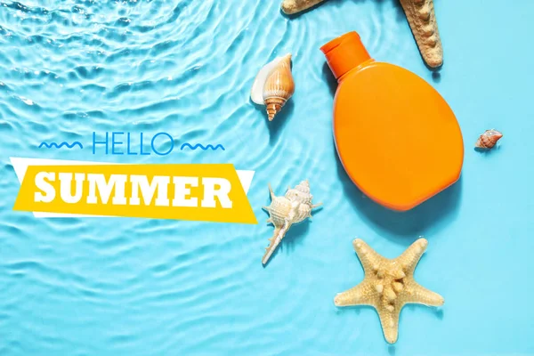 Banner Con Crema Solare Testo Hello Summer — Foto Stock