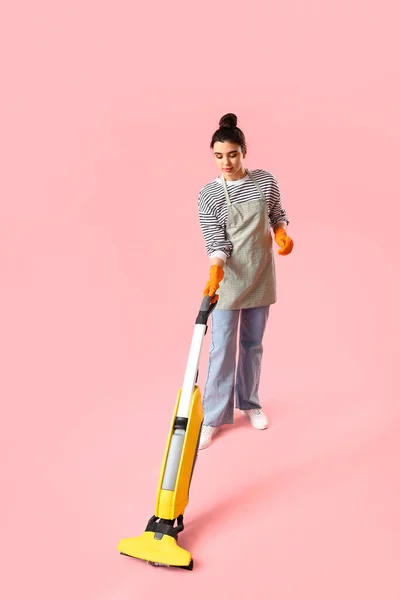 Young Woman Vacuum Cleaner Pink Background — Stock Photo, Image
