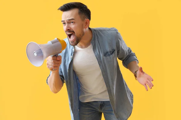 Handsome Man Shouting Megaphone Yellow Background — Stock Photo, Image