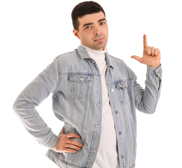 Young Man Showing Loser Gesture White Background — Stock Photo, Image