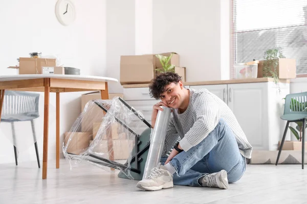 Young Man Stretch Wrap Sitting Kitchen — Stock Photo, Image