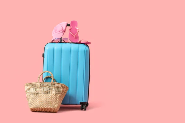 Suitcase Beach Accessories Pink Background — Stock Photo, Image