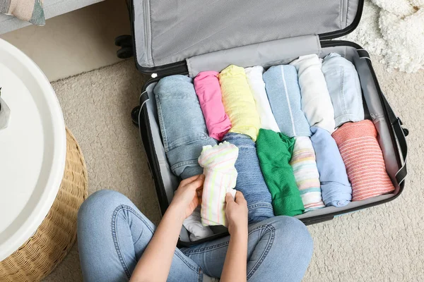 Woman Packing Clothes Suitcase Floor Home Closeup — Stock Photo, Image