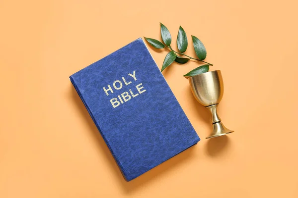 Bíblia Sagrada Com Cálice Ramo Sobre Fundo Laranja — Fotografia de Stock