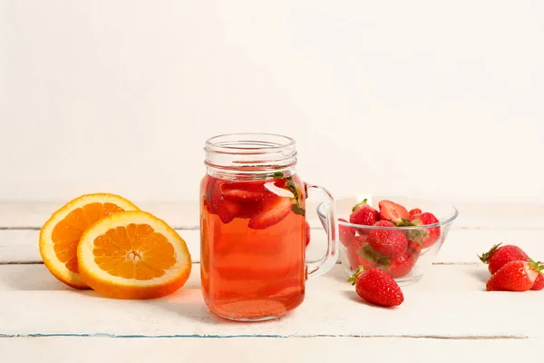 Mason Jar Juice Bowl Strawberry White Wooden Table — Stock Photo, Image