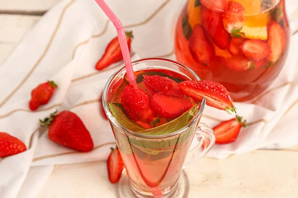 Glass Jug Tasty Strawberry Juice White Wooden Table — Stock Photo, Image