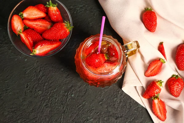 Mason Jar Juice Bowl Strawberry Black Table — Stock Photo, Image