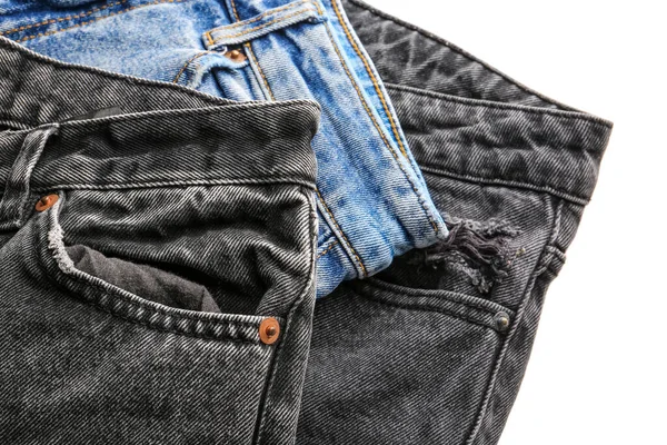 Olika Eleganta Jeans Jeans Vit Bakgrund — Stockfoto