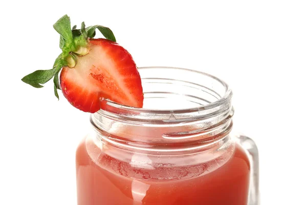Mason Jar Tasty Strawberry Smoothie White Background — Stock Photo, Image
