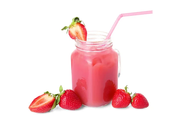 Einmachglas Mit Leckerem Erdbeer Smoothie Auf Weißem Hintergrund — Stockfoto