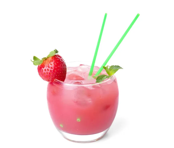 Glas Leckerer Erdbeer Smoothie Mit Eiswürfeln Auf Weißem Hintergrund — Stockfoto