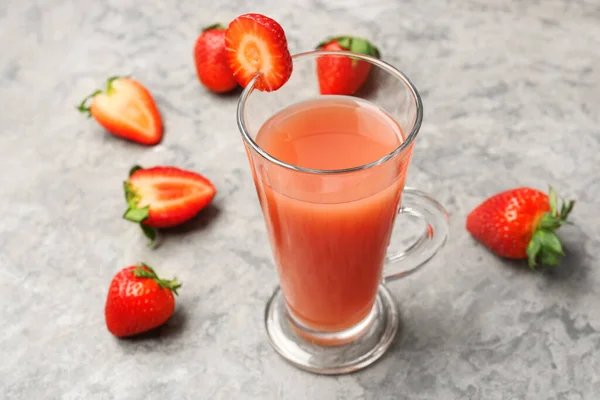 Glass Tasty Strawberry Smoothie Grey Table — Stock Photo, Image