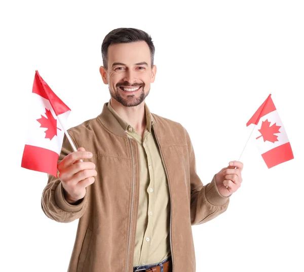Hombre Guapo Con Banderas Canadá Sobre Fondo Blanco — Foto de Stock