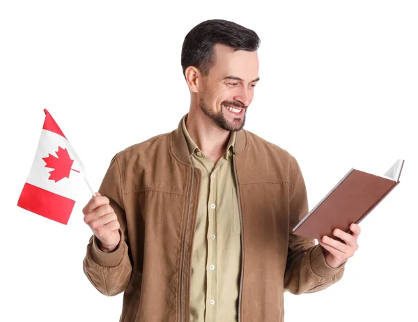 Jóképű Férfi Zászló Kanada Olvasás Könyv Fehér Háttér — Stock Fotó