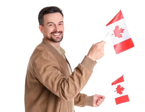 Bello Uomo Con Bandiere Del Canada Sfondo Bianco — Foto Stock