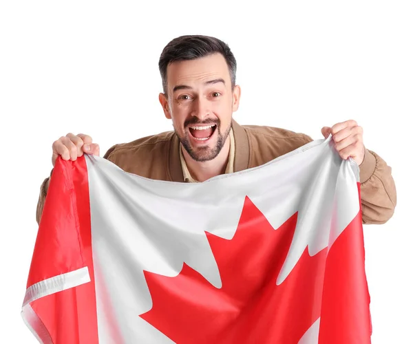 Hombre Guapo Con Bandera Canadá Sobre Fondo Blanco — Foto de Stock
