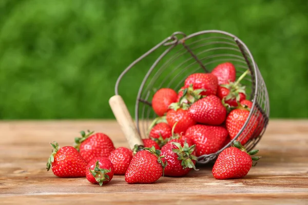 Basket Fresh Strawberry Wooden Table Outdoors — Stock Photo, Image