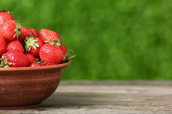 Bowl Fresh Strawberry Wooden Table Outdoors — Stock Photo, Image