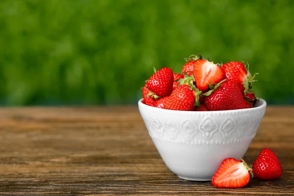 Bowl Fresh Strawberry Wooden Table Outdoors — Stock Photo, Image