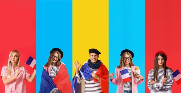 カラフルな背景にフランスの旗を持つ人々のセット — ストック写真