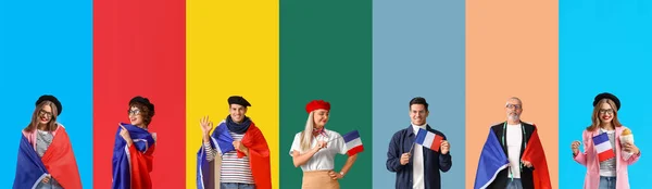 Set Von Menschen Mit Fahnen Von Frankreich Auf Farbigem Hintergrund — Stockfoto